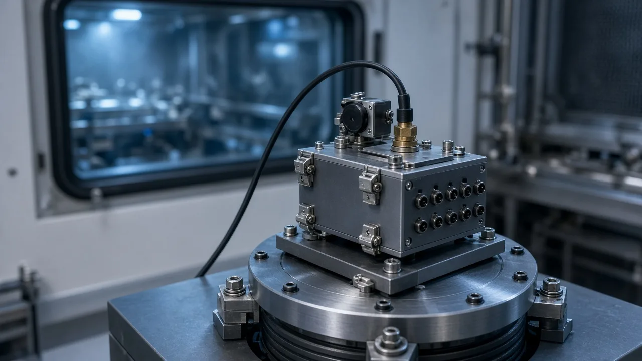 Electronic product on vibration shaker table for environmental reliability testing