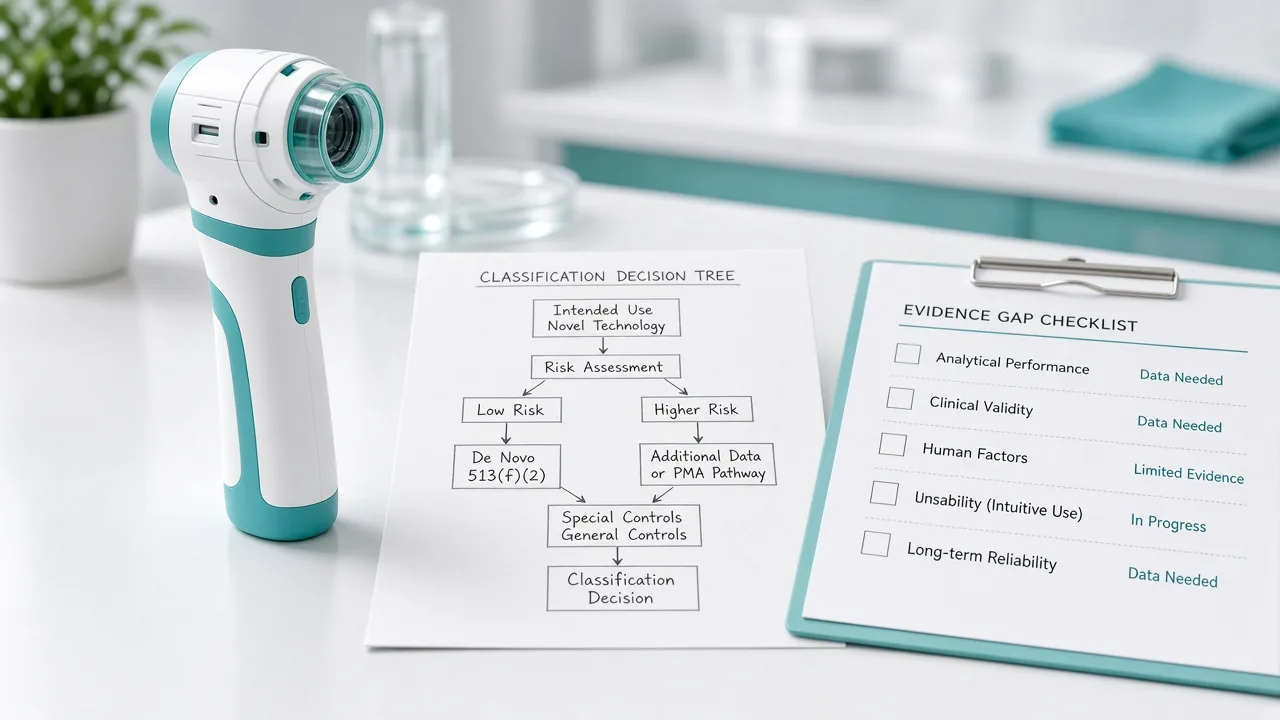 Novel medical device prototype with classification pathway sketch for FDA De Novo planning